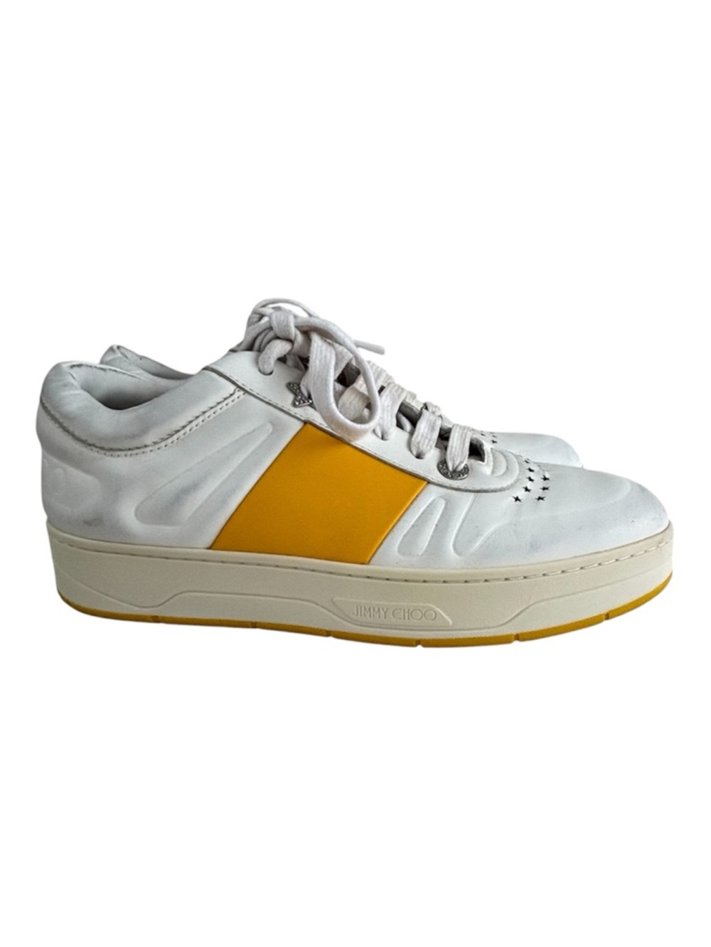 Jimmy Choo Hawaii Leather Sneakers with Yellow Accents, Sz 9 or 39